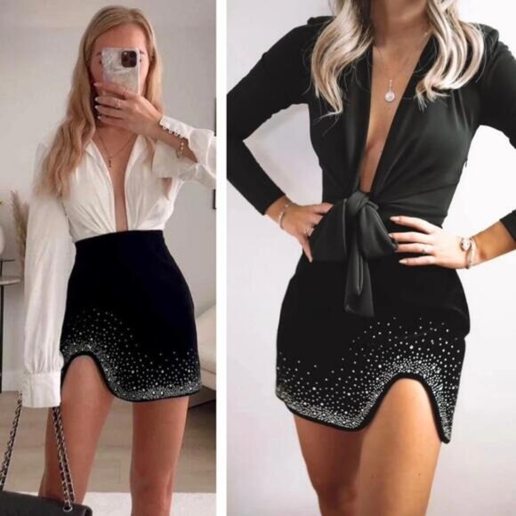 NWT ZARA Velvet Black Jewel Rhinestone Mini Skirt Size XS - Picture 1 of 11